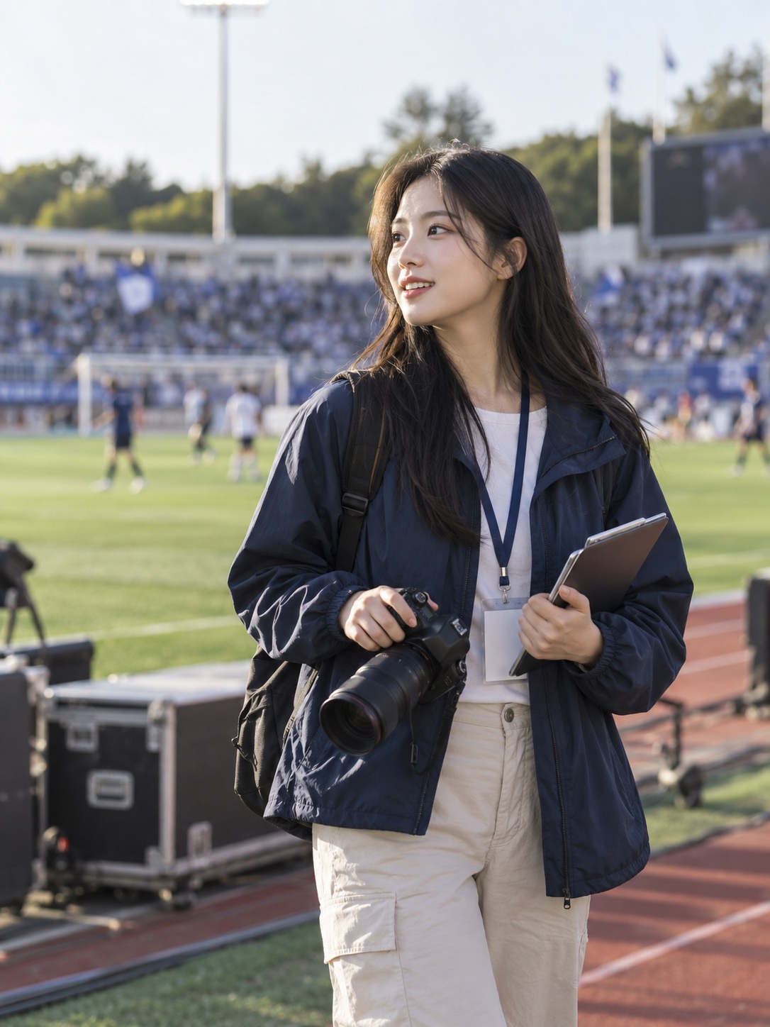 대학 스포츠 경기장에서 카메라와 태블릿을 들고 현장을 살피는 동아시아계 여성 대학생 스포츠 마케터